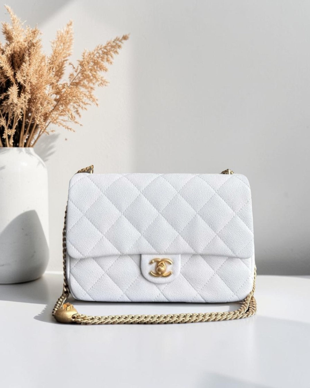 Chanel Flap Medium Sweetheart 23P Adjustable Chain - Caviar Quilted White Gold Hardware Microchip