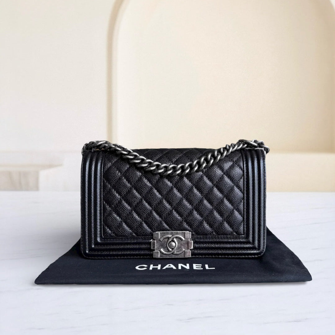 Chanel Boy Medium - Caviar 25CM Quilted Black Ruthenium Silver Hardware Series 19
