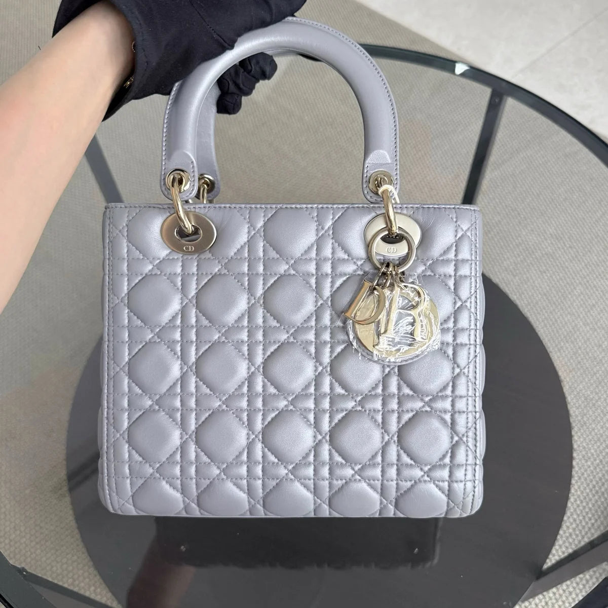 Dior Lady Medium - Cannage Lambskin Gray Grey Gold Hardware Adjustable Strap