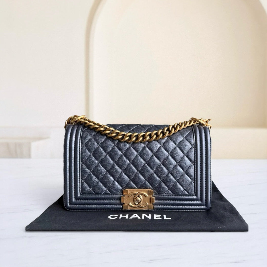 Chanel Boy Medium - Calfskin 25CM Quilted Iridescent Charcoal Black Aged Gold Hardware Series 20