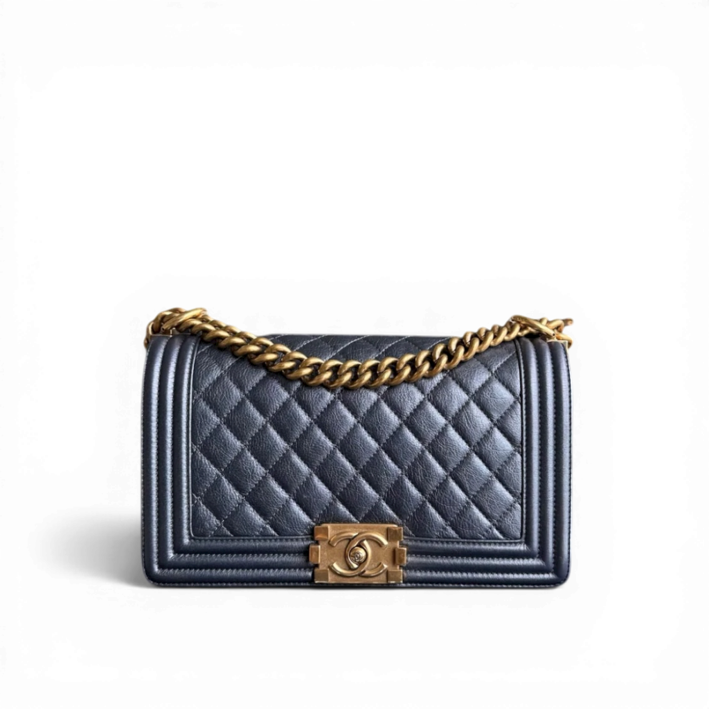 Chanel Boy Medium - Calfskin 25CM Quilted Iridescent Charcoal Black Aged Gold Hardware Series 20
