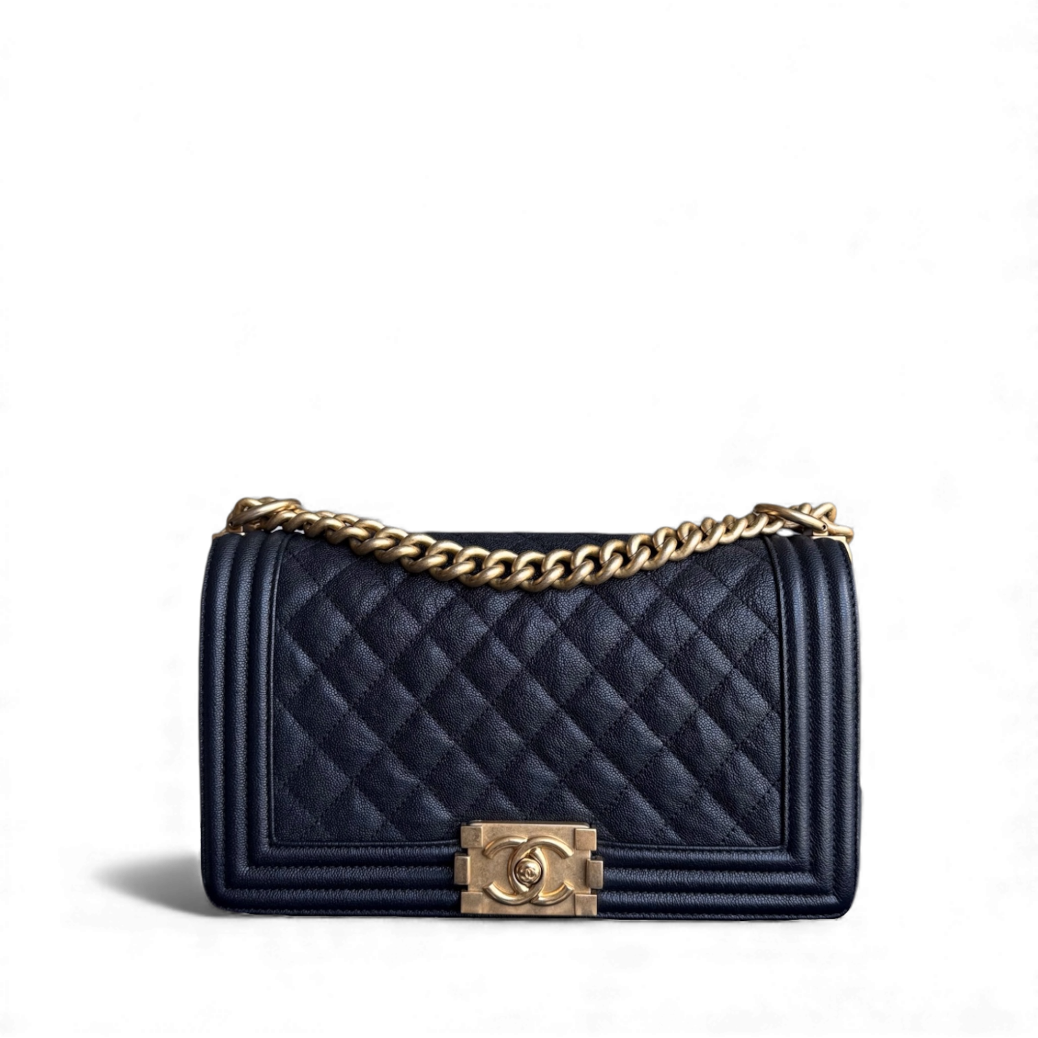 Chanel Boy Medium - Caviar 25CM Quilted Midnight Dark Blue Gold Hardware Series 26