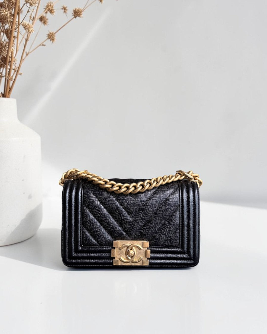 Chanel Boy Small - Caviar 20CM Chevron Black Gold Hardware Series 24
