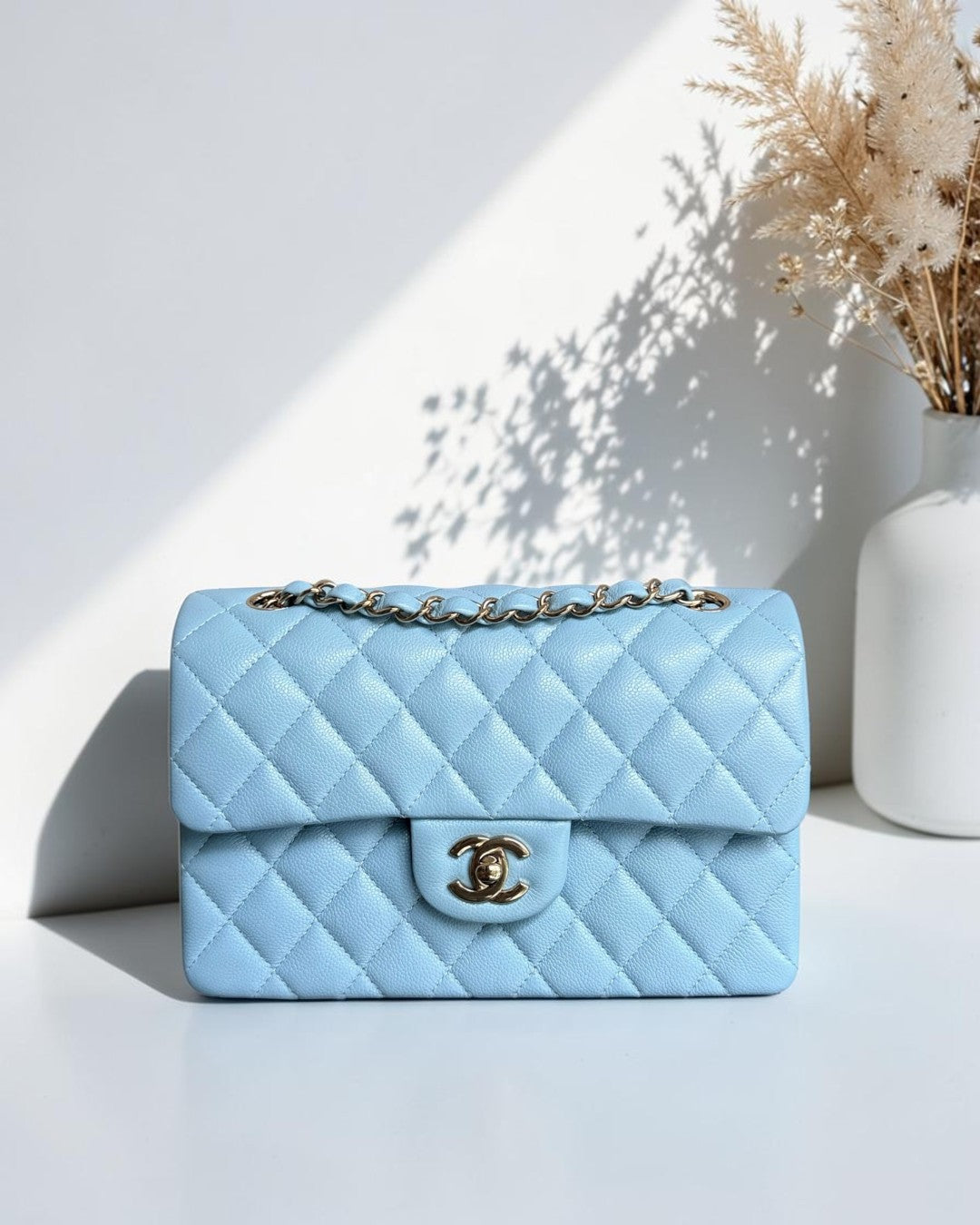 Chanel Classic Flap Small - Caviar 23CM Quilted Baby Blue Light Gold Hardware Microchip