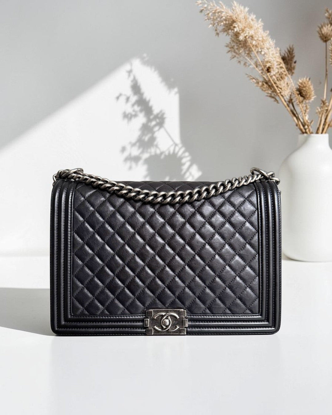 Chanel Boy Large - 30CM Quilted Calfskin Black Silver Hardware Series 17