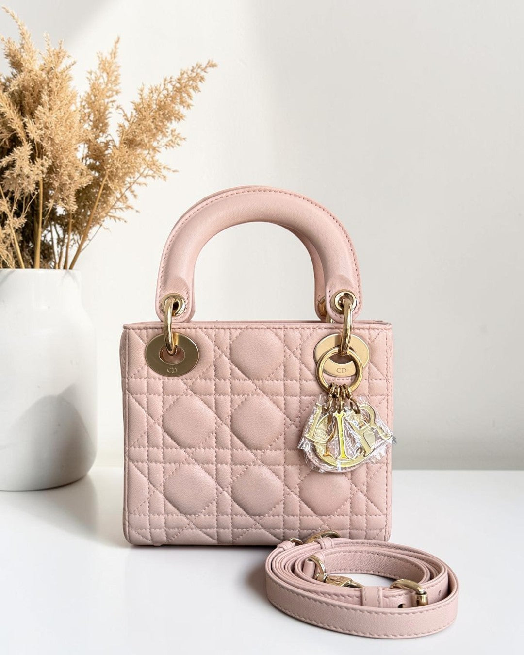 Dior Lady Mini - Cannage Lambskin Light Pink Gold Hardware Adjustable Strap