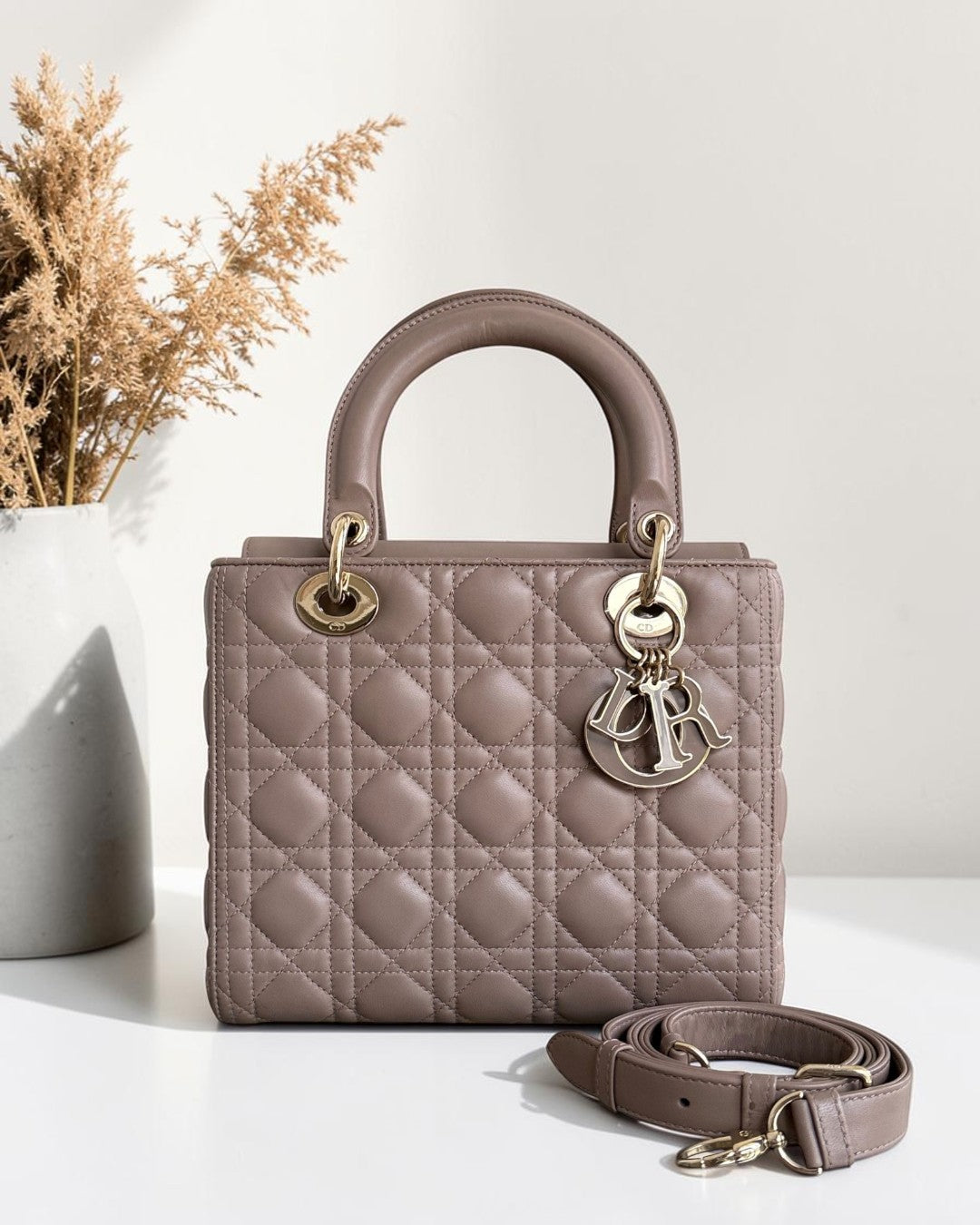 Dior Lady Flap Medium - Cannage Lambskin Dark Blush Gold Hardware Adjustable Strap