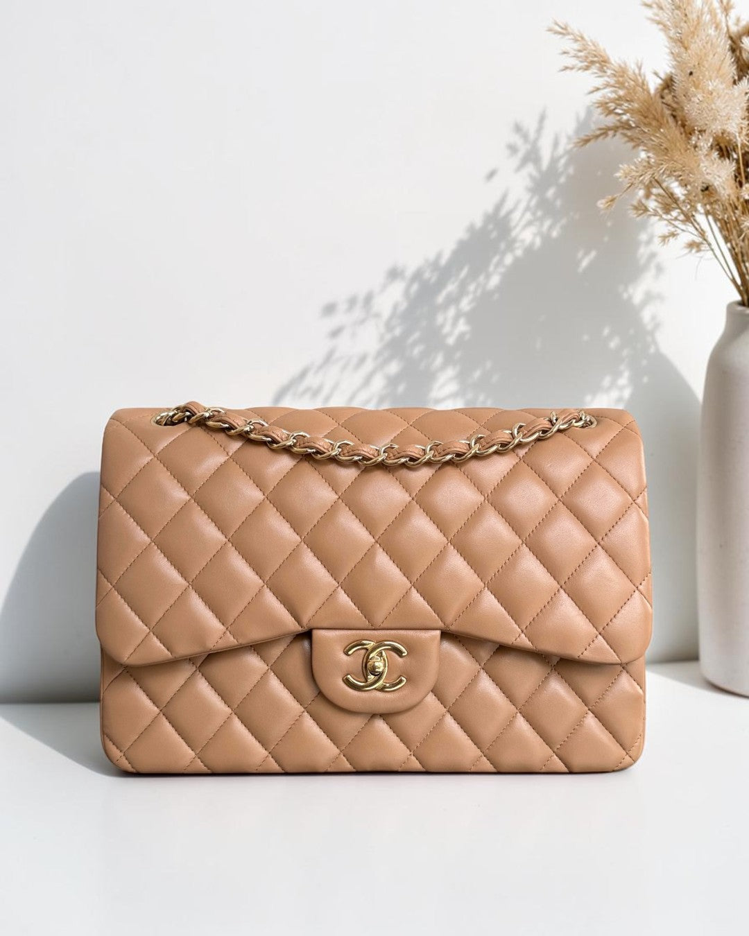 Chanel Classic Flap Jumbo - Double Flap 30CM Quilted Lambskin Caramel Dark Beige Gold Hardware Series 18