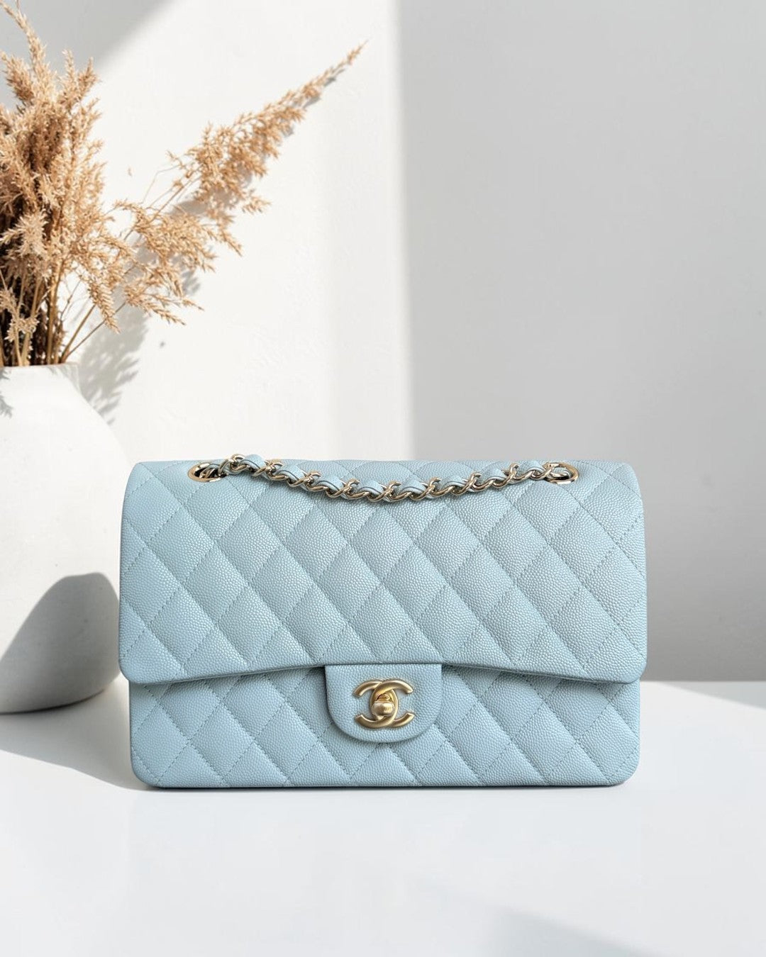 Chanel Classic Flap Medium - Caviar 25CM Quilted Light Blue Baby Blue Gold Hardware Microchip