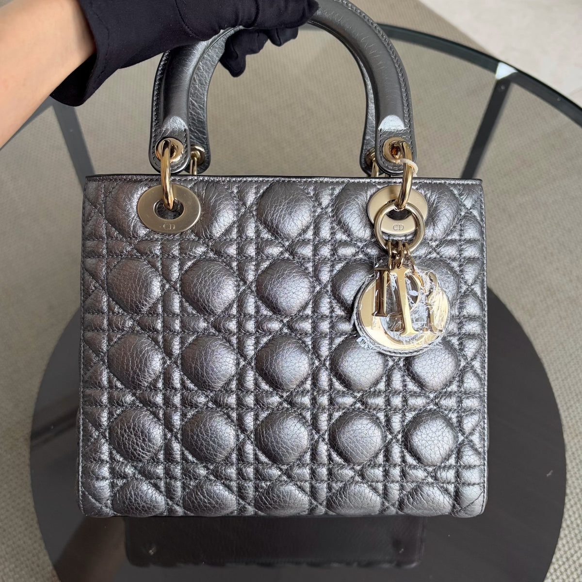 Dior Lady Medium Flap - Cannage Dark Gray Gold Hardware