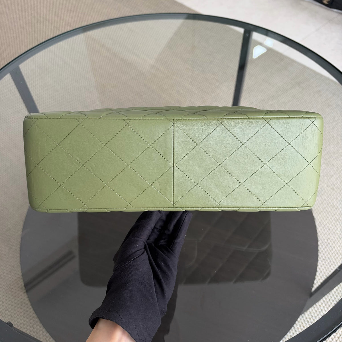 Chanel Classic Flap Jumbo - Double Flap 30CM Quilted Lambskin Olive Green Ruthennium Silver Hardware Series 20
