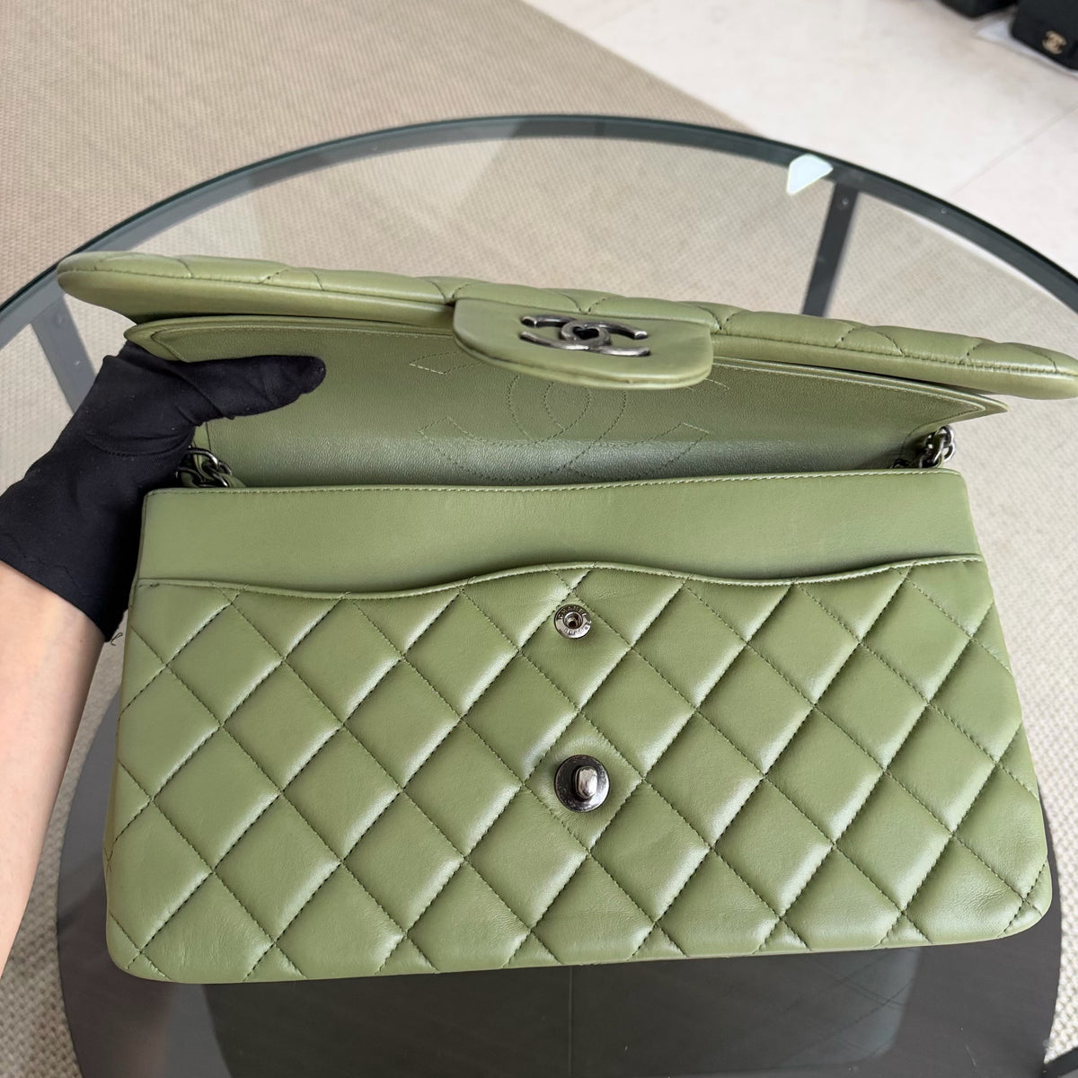 Chanel Classic Flap Jumbo - Double Flap 30CM Quilted Lambskin Olive Green Ruthennium Silver Hardware Series 20