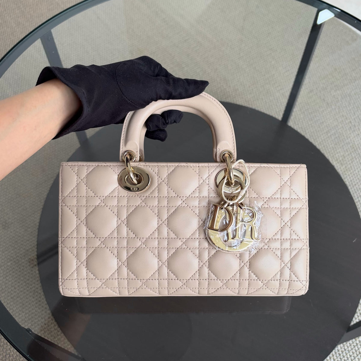 Dior D-joy Medium - Cannage Lambskin Beige Gold Hardware