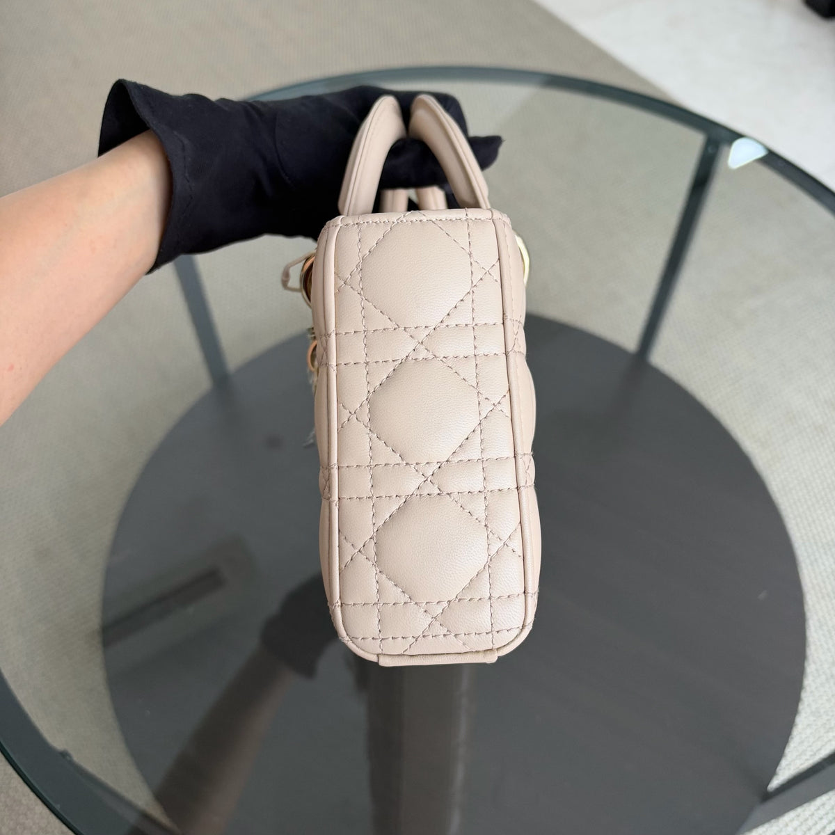 Dior D-joy Medium - Cannage Lambskin Beige Gold Hardware