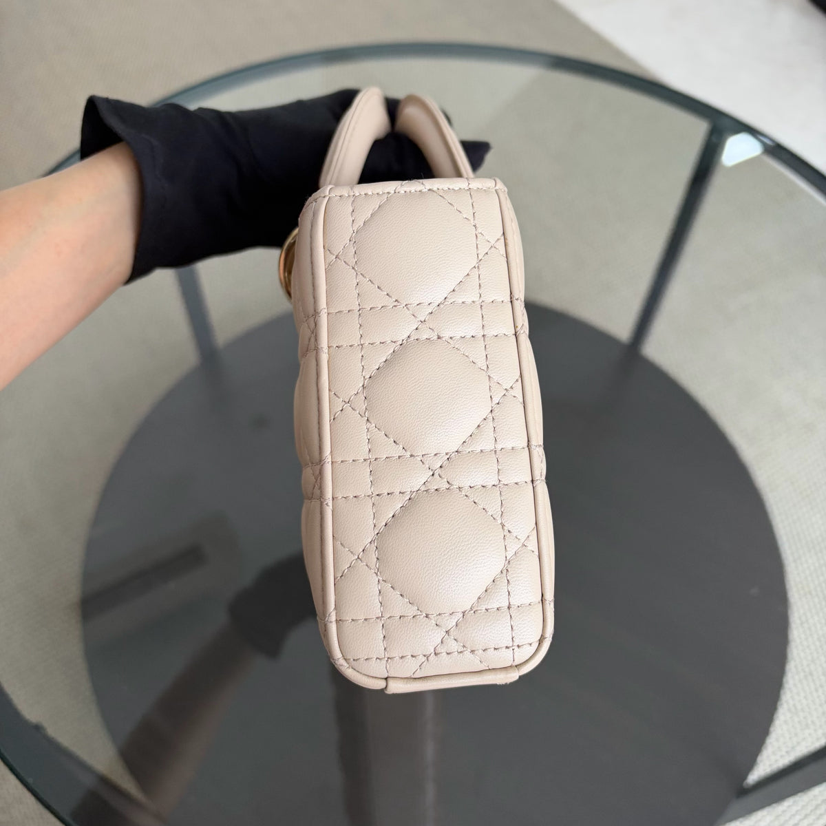 Dior D-joy Medium - Cannage Lambskin Beige Gold Hardware