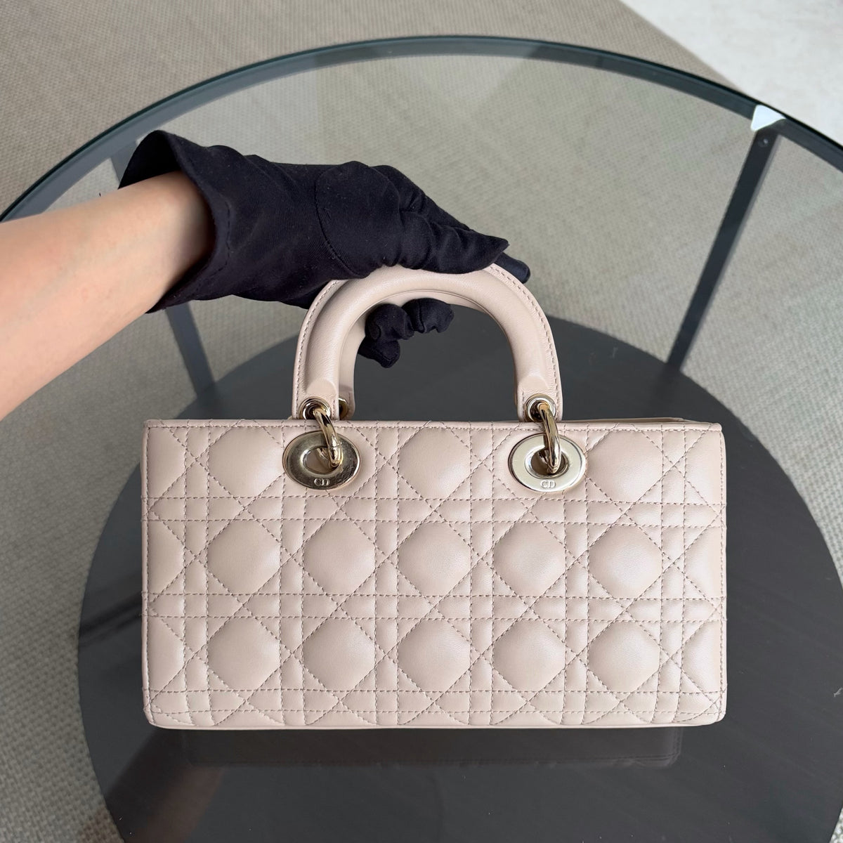 Dior D-joy Medium - Cannage Lambskin Beige Gold Hardware
