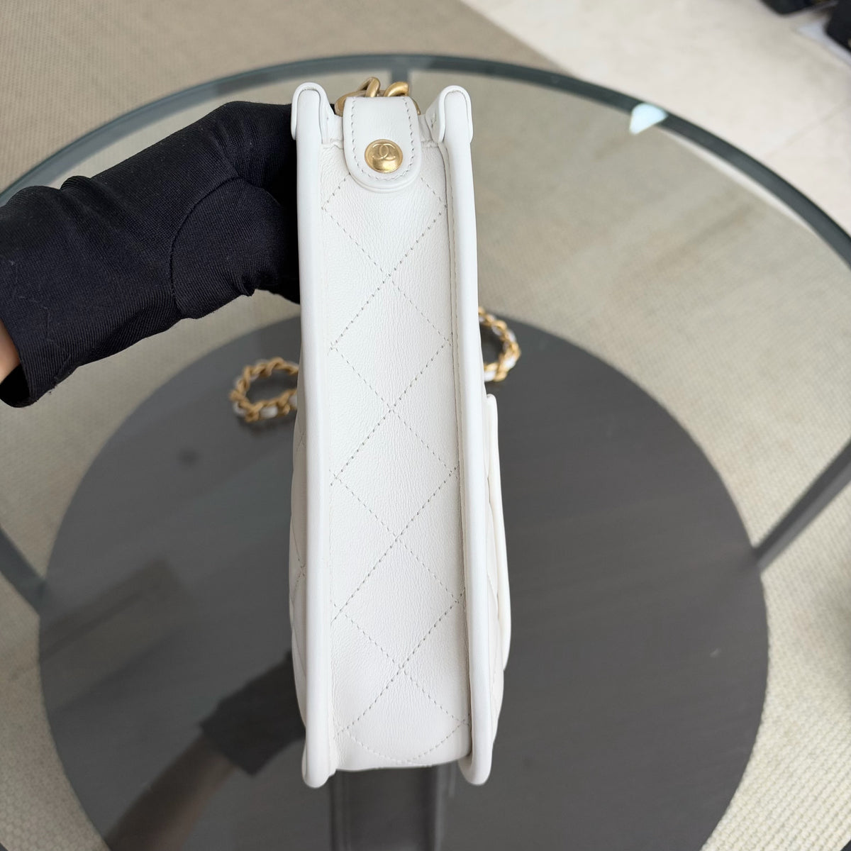 Chanel CC Quilted Hobo White Calfskin Microchip