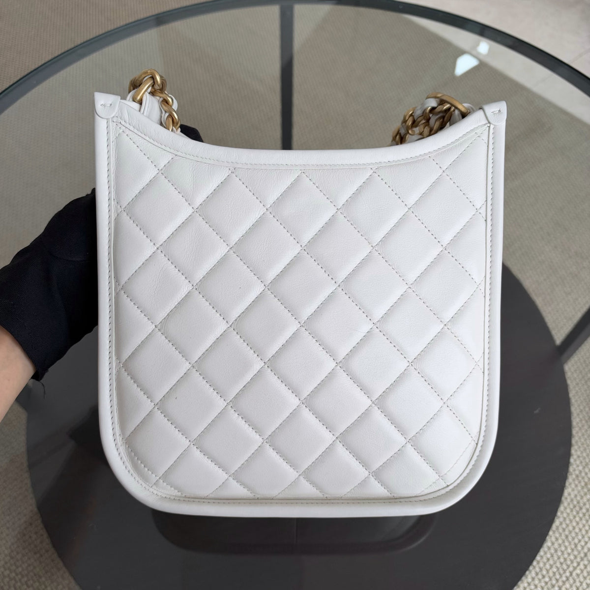 Chanel CC Quilted Hobo White Calfskin Microchip