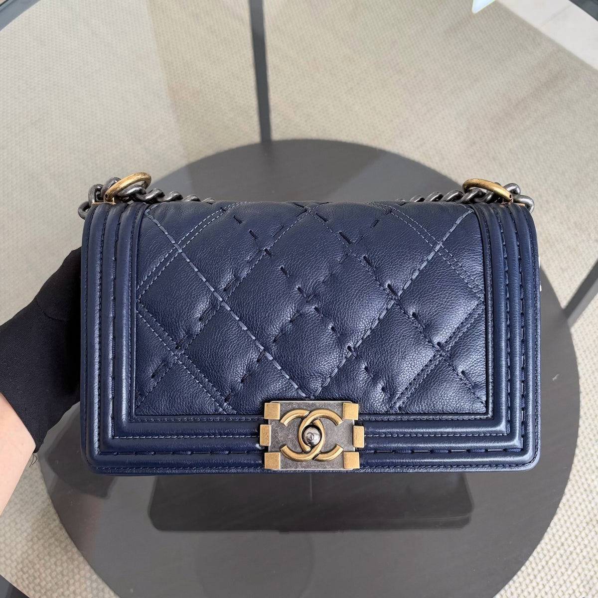 Chanel Boy Medium - Caviar 25CM Calfskin Quilted Dark Blue Two Tone Hardware Series 20