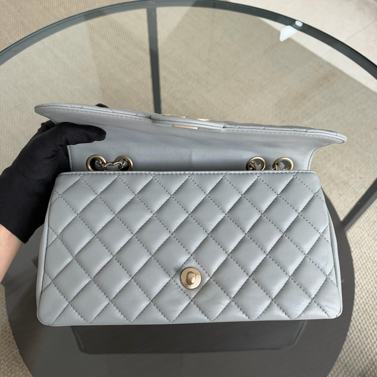 Chanel Chic Flap Seasonal Flap Medium - 25CM Quilted Lambskin Grey Gray Gold Hardware Series 21