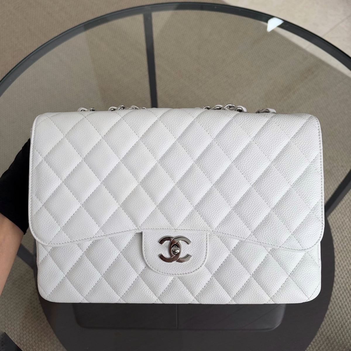 Chanel Classic Flap Jumbo - Caviar 30CM Single Flap Quilted White Silver Hardware