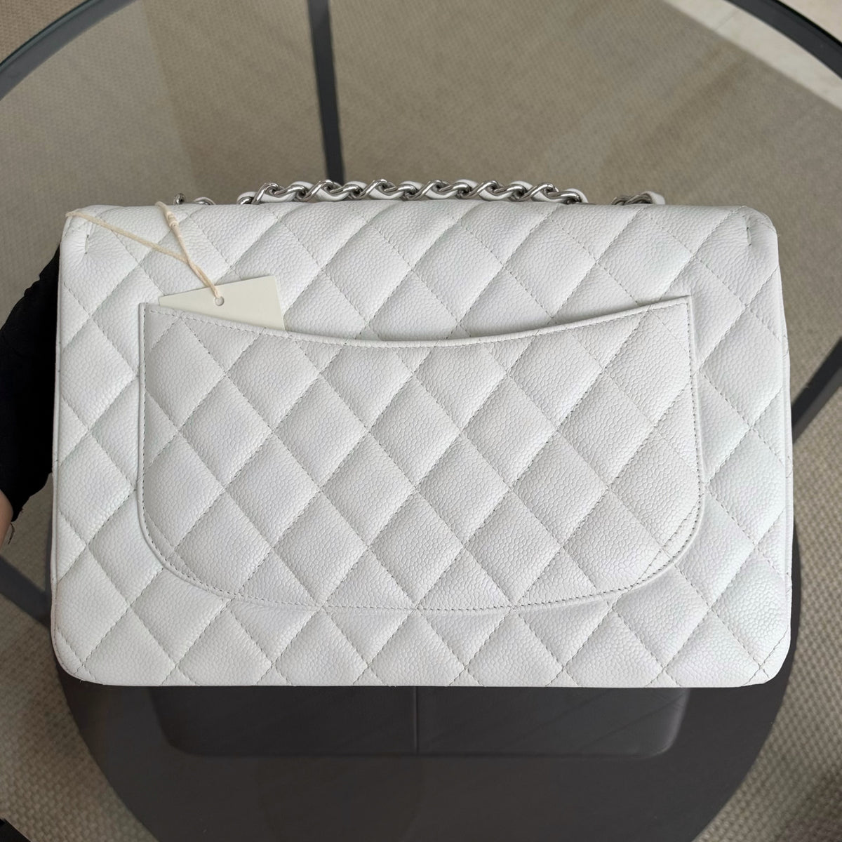 Chanel Classic Flap Jumbo - Caviar 30CM Single Flap Quilted White Silver Hardware