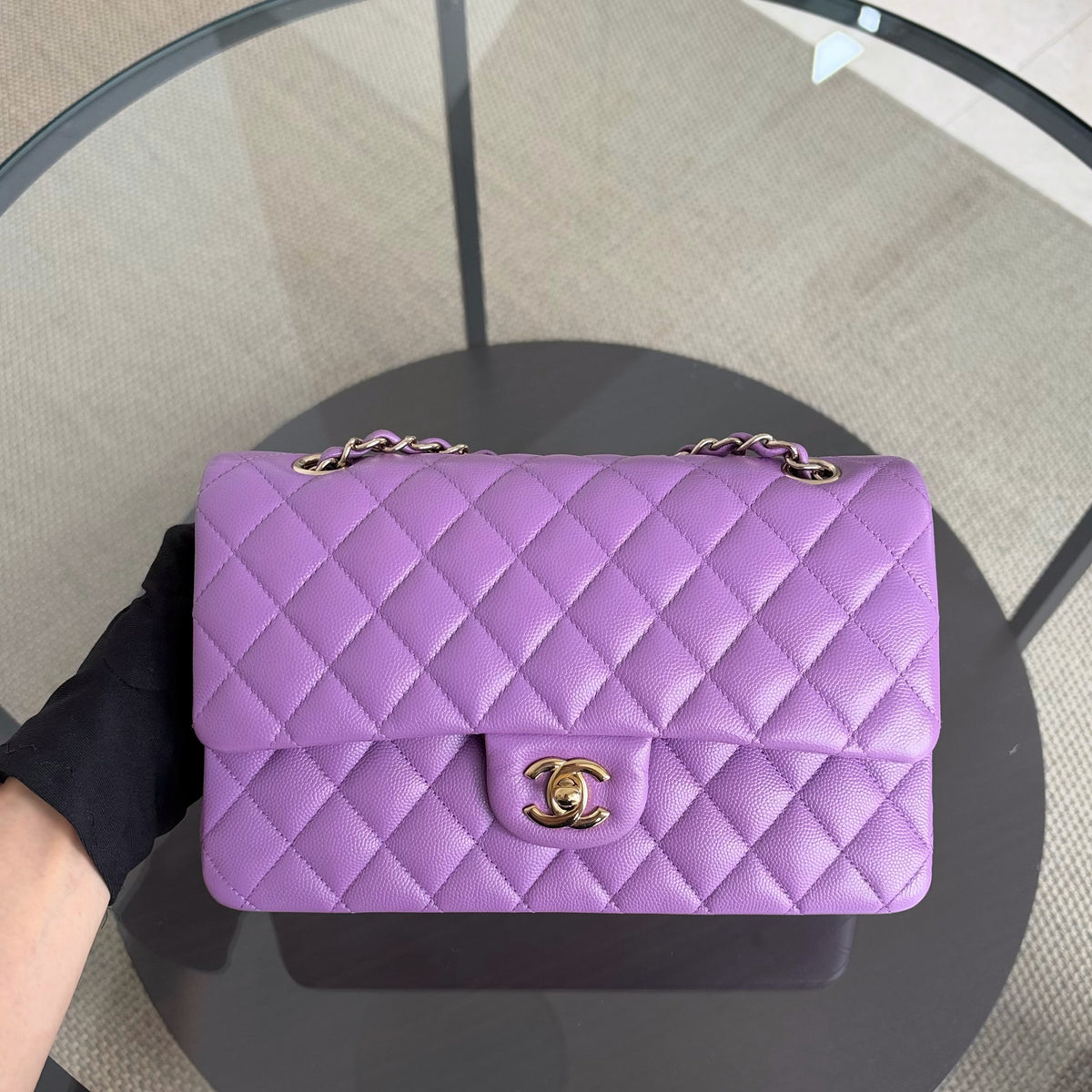 Chanel Classic Flap Medium - Caviar 25CM Quilted Purple Gold Hardware Microchip
