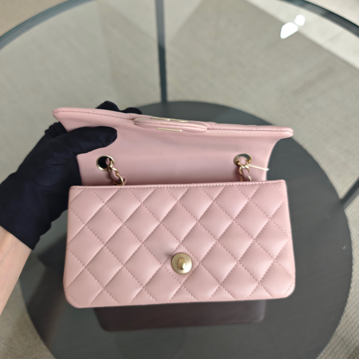 Chanel Mini Rectangle Classic Flap - 20CM Lamskin Quilted Light Pink Gold Hardware Series 20