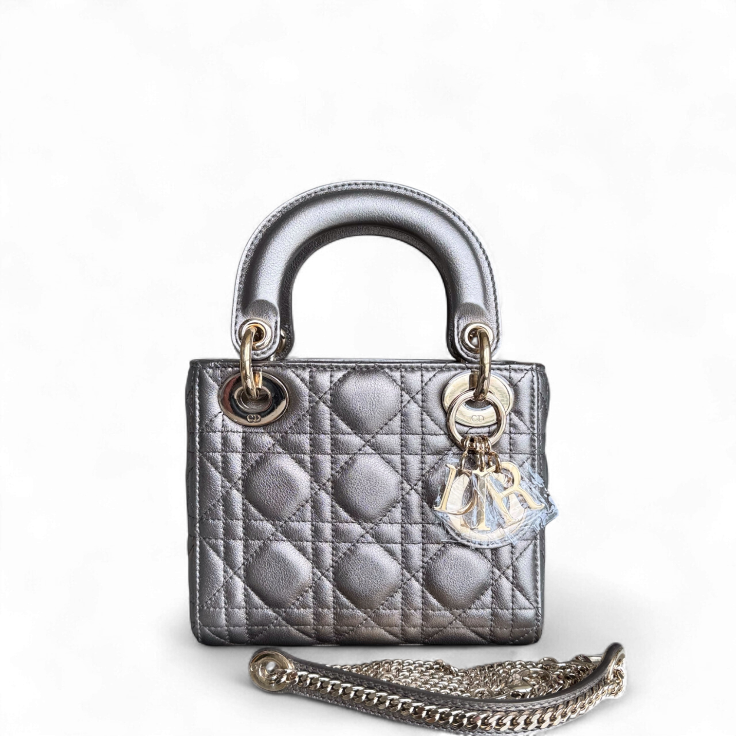 Dior Lady Mini - Cannage Calfskin Gunmetal Gold Hardware Chain Strap