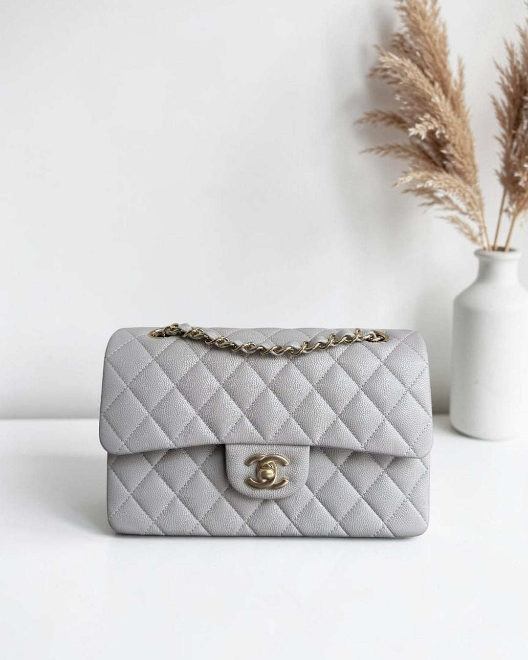 Chanel Classic Flap Small - Caviar 23CM Quilted Gray Grey Light Gold Hardware Microchip