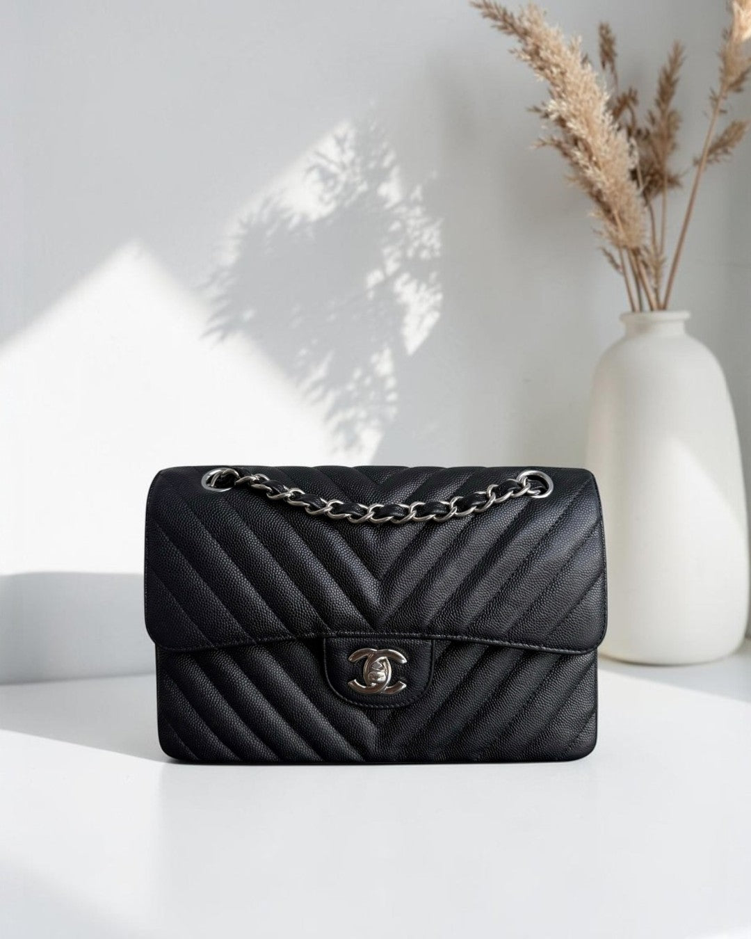 Chanel Classic Flap Small - Caviar 23CM Chevron Black Silver Hardware Series 25