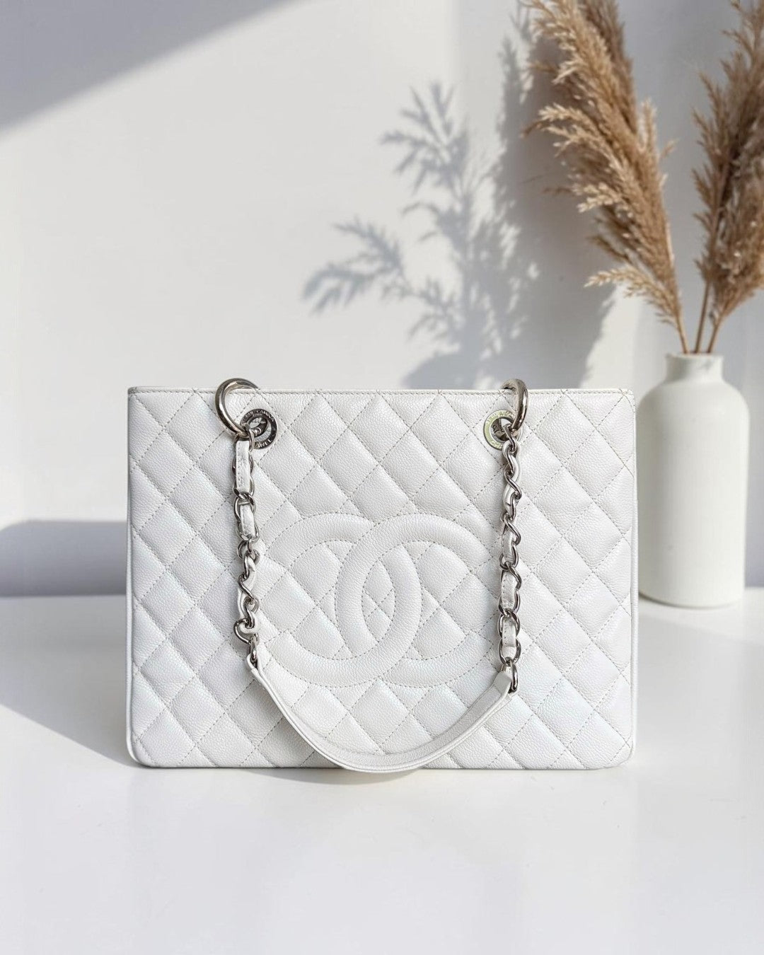 Chanel GST Grand Shopping Tote - Caviar Quilted White Silver Hardware Series 14