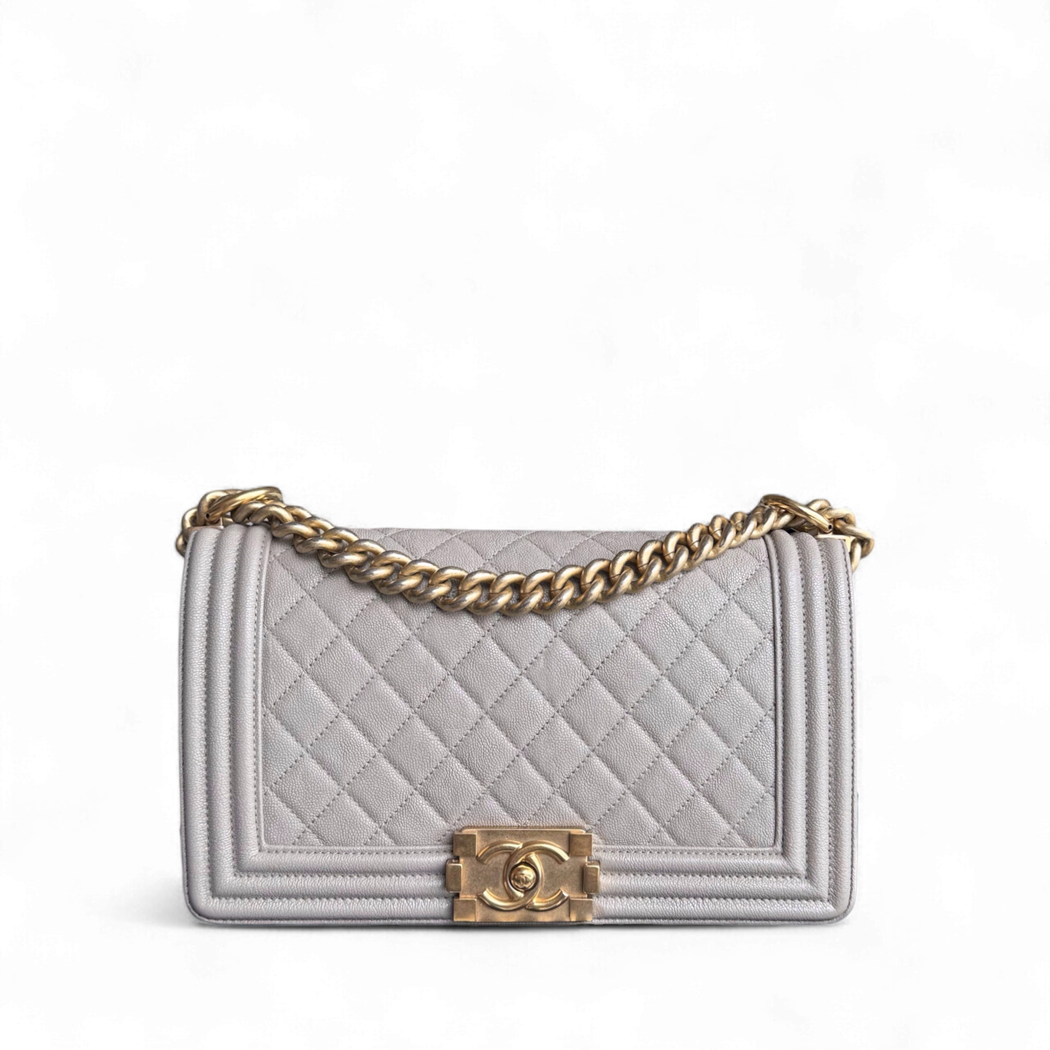 Chanel Boy Medium - Caviar 25CM Quilted Grained Calfskin Grey Gray Gold Hardware Series  27