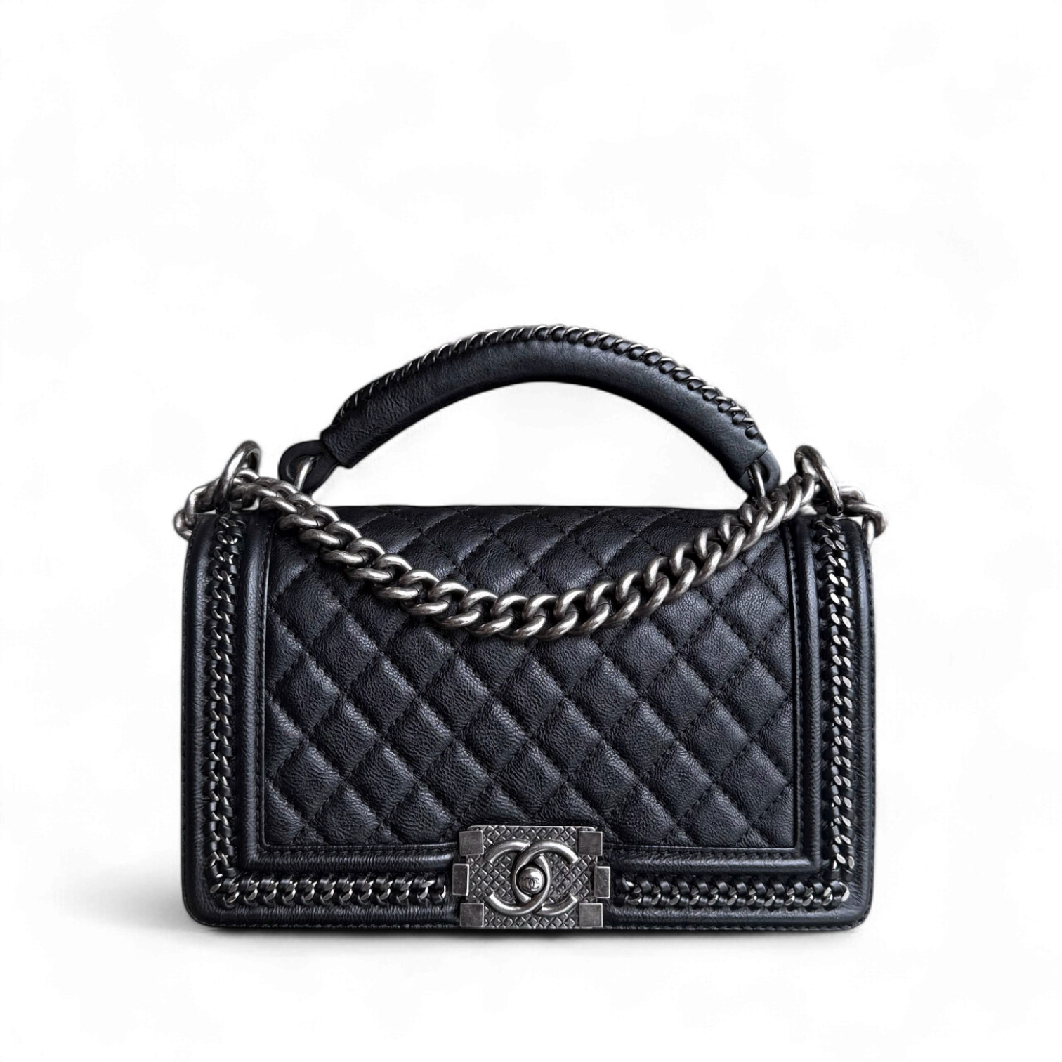 Chanel Boy Handle Old Medium 25CM Black Quilted Grained Calfskin With Handle Chain Around Ruthenium Silver Hardware Series 23