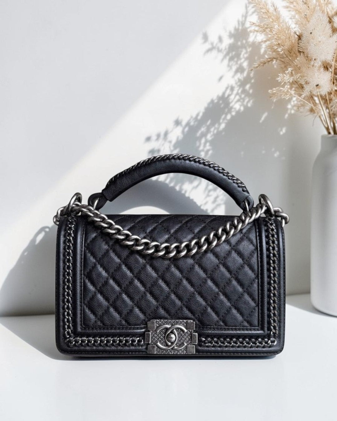 Chanel Boy Handle Medium 25CM Black Quilted Caviar With Handle Chain Around Ruthenium Silver Hardware Series 23