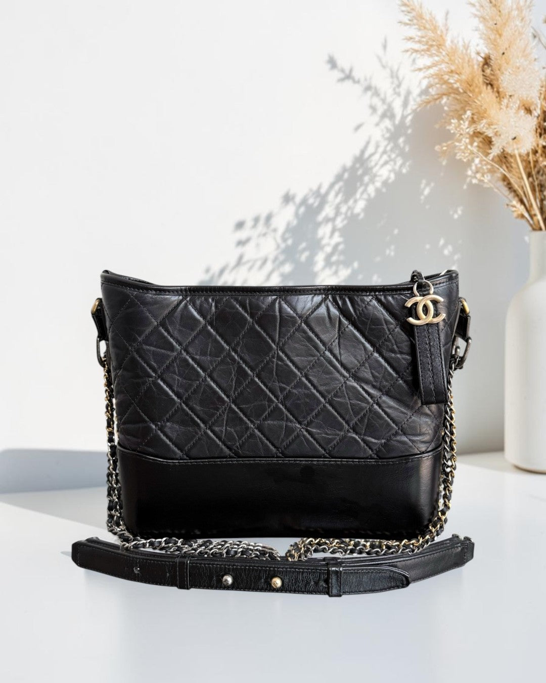 Chanel Gabrielle Medium - Quilted Aged Calfskin Black Two-tone Gold Hardware Series 24