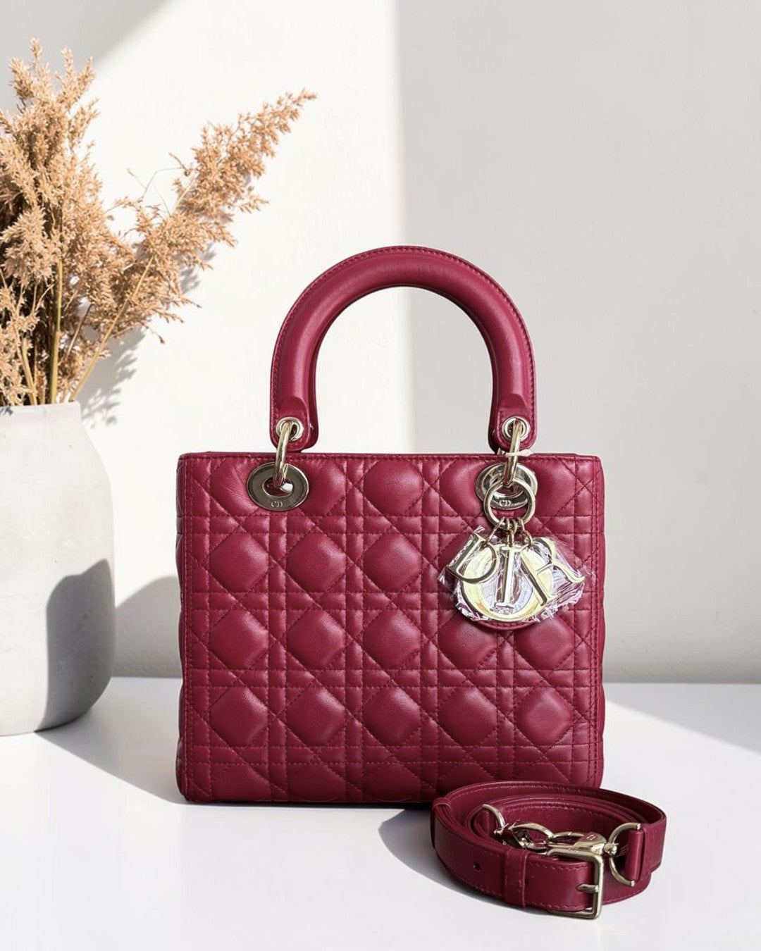 Dior Lady Medium - Cannage Lambskin Burgundy Dark Red Gold Hardware Adjustable Strap