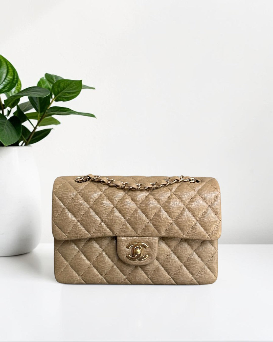 Chanel Classic Flap Small - Caviar 23CM Quilted Dark Beige Gold Hardware Microchip
