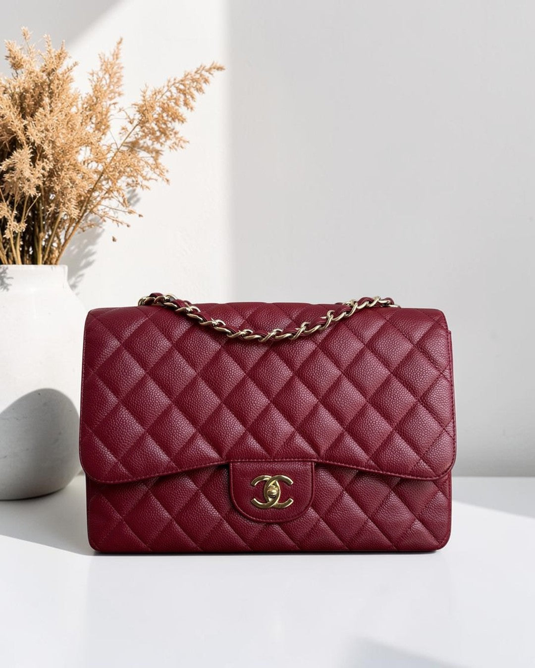 Chanel Classic Flap Jumbo - Caviar 30CM Single Flap Quilted Burgundy Dark Red Gold Hardware Series 13