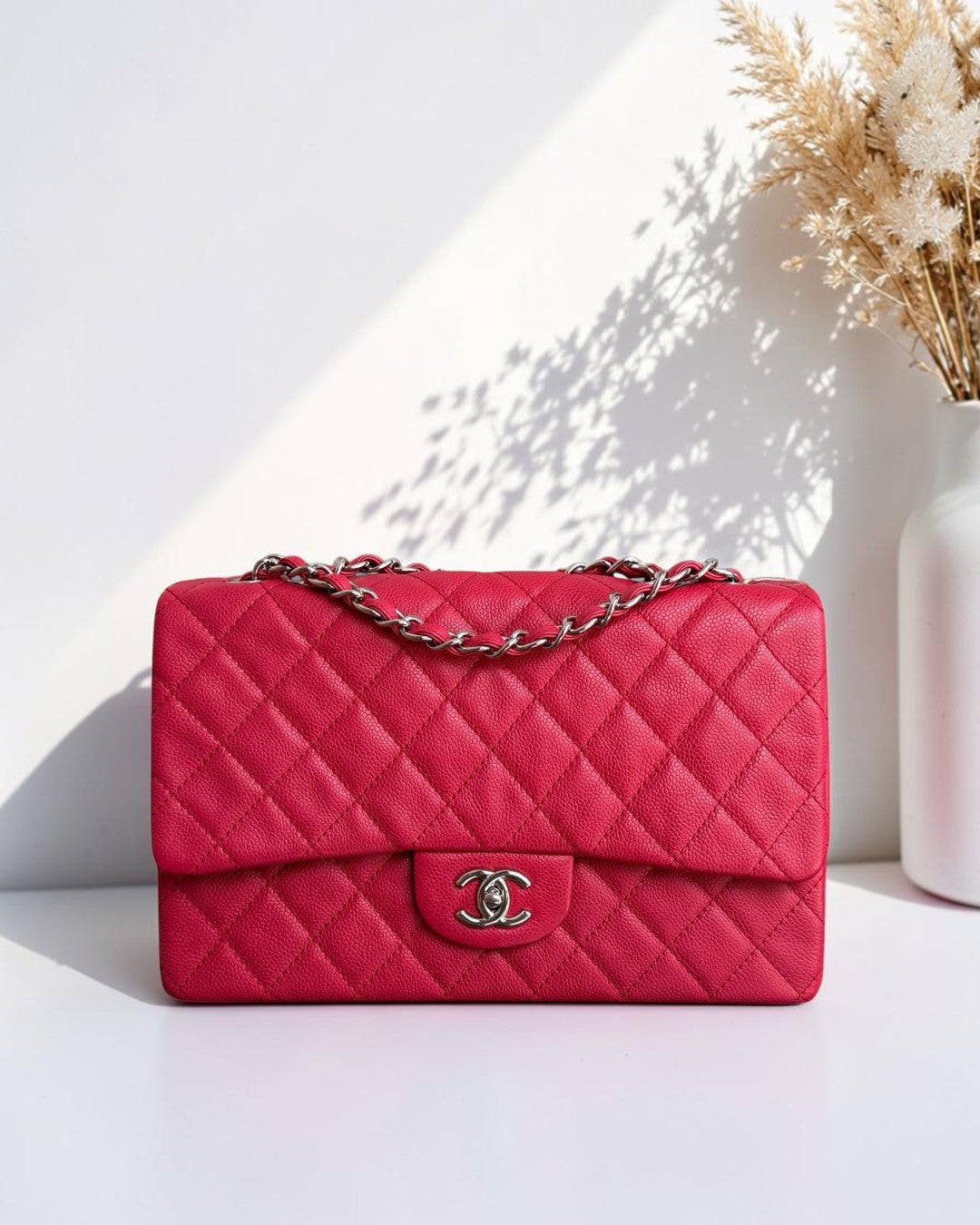 Chanel Classic Flap Jumbo - Caviar 30CM Single Flap Quilted Pink Red Silver Hardware Series 12