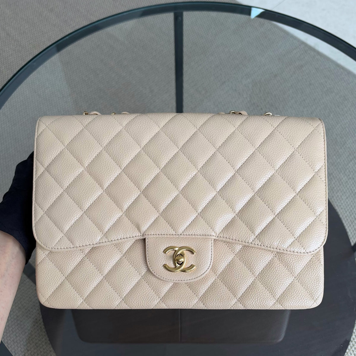 Chanel Classic Flap Jumbo - Caviar 30CM Single Flap Quilted Beige Gold Hardware Series 13