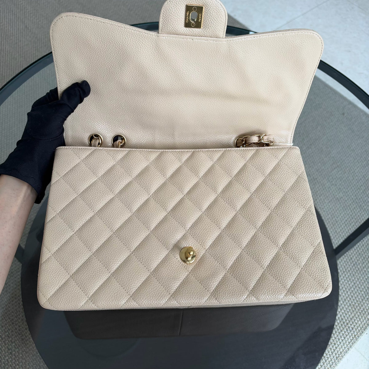 Chanel Classic Flap Jumbo - Caviar 30CM Single Flap Quilted Beige Gold Hardware Series 13