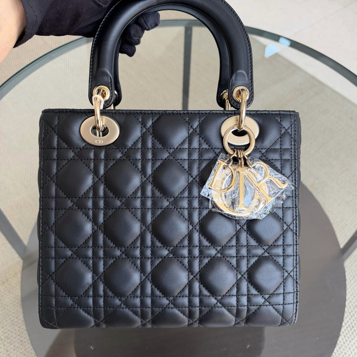 Dior Lady Medium - Flap Open Cannage Lambskin Black Gold Hardware