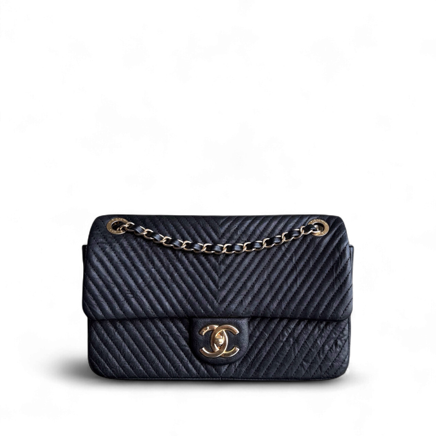 Chanel Seasonal Flap - Chevron Surpique CC Herringbone Medallion Calfskin Flap Black Gold Hardware Series 22