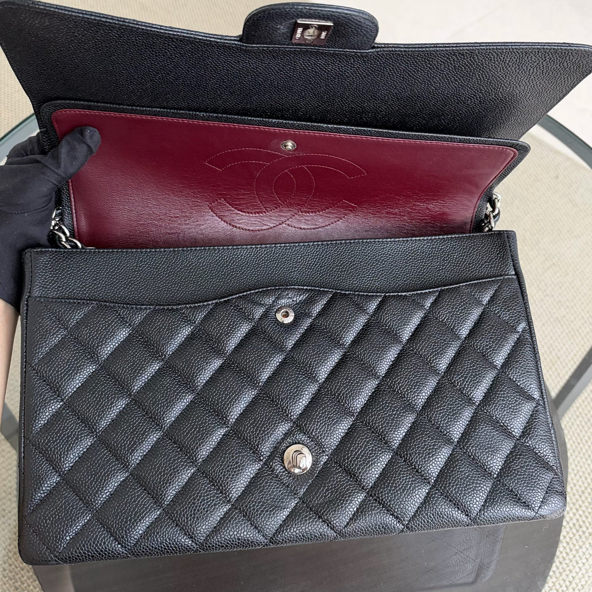 Chanel Classic Flap Maxi - Caviar 33CM Double Flap Black Silver Hardware Series 15