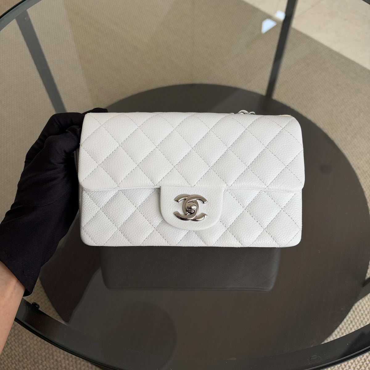 Chanel Mini Rectangle Classic Flap - 20CM Caviar Quilted White Silver Hardware Series 18