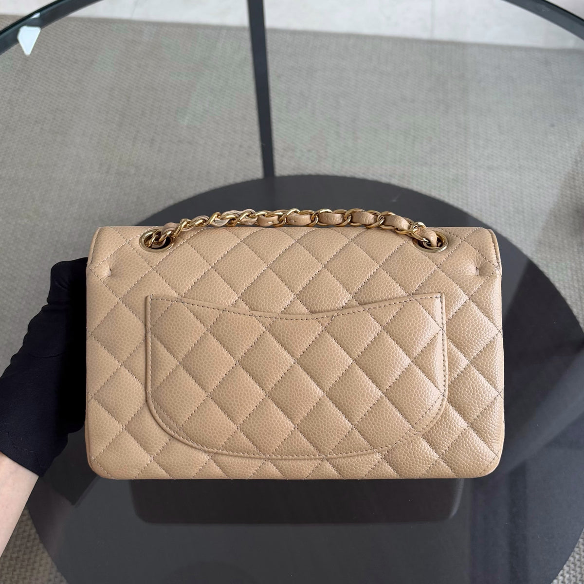 Chanel Classic Flap Small - Caviar 23CM Quilted Dark Beige Gold Hardware Microchip