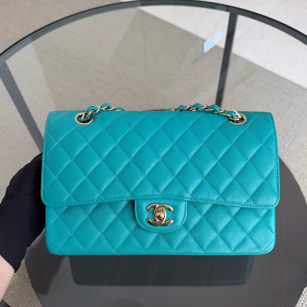 Chanel Classic Flap Medium - Caviar 25CM Quilted Cyan Blue Gold Hardware Series 23
