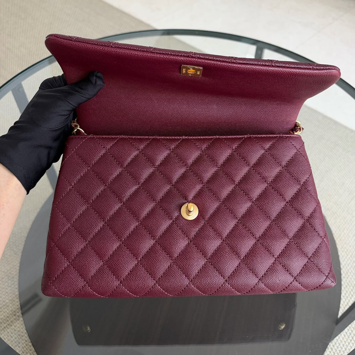 Chanel Coco Handle Medium - Caviar 29CM Quilted Burgundy Gold Hardware Series 24