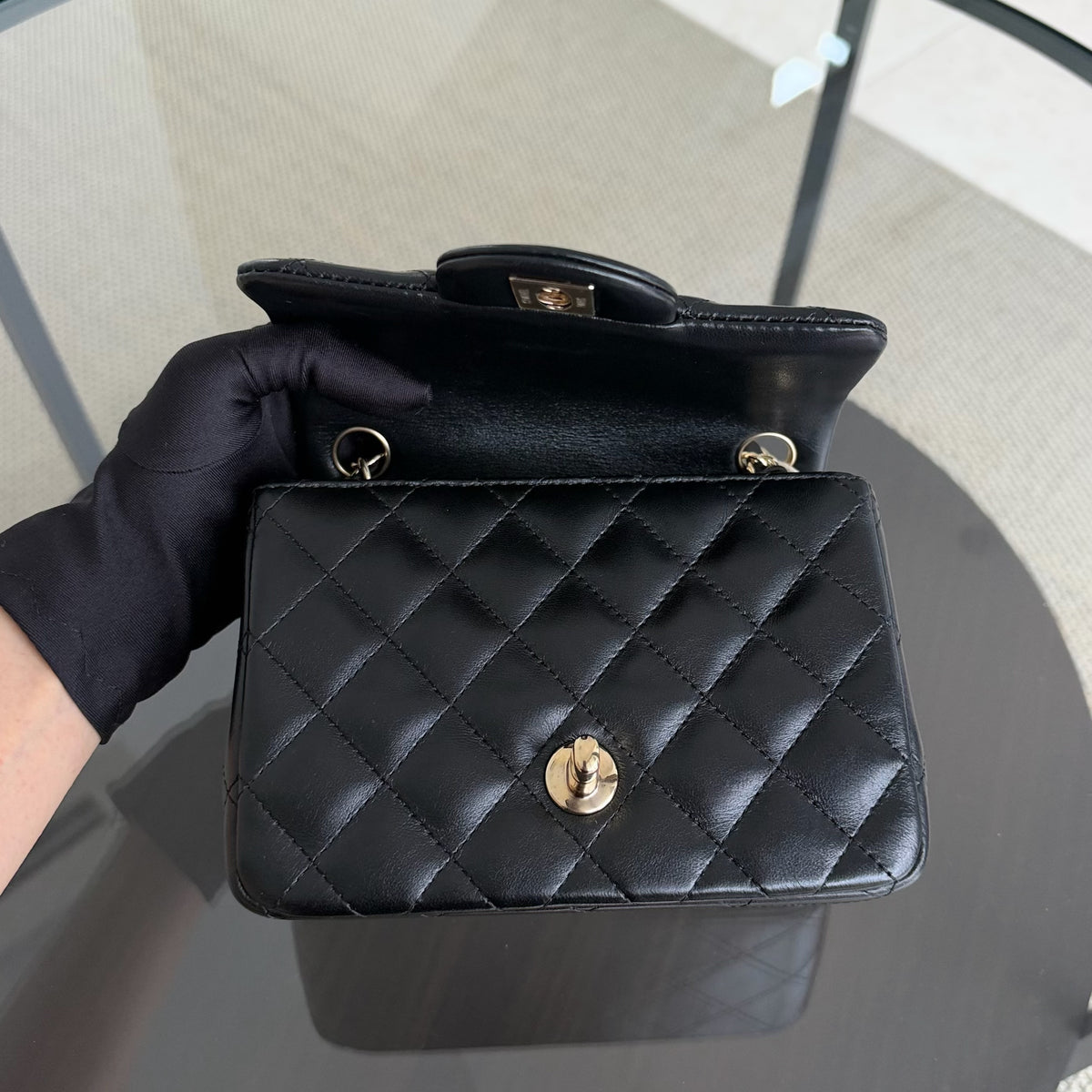 Chanel Classic Flap Mini Square - 17CM Quilted Lambskin Black Gold Hardware Series 21